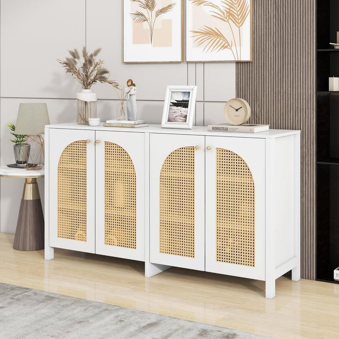 Buffet gris clair, quatre portes, finition rotin
