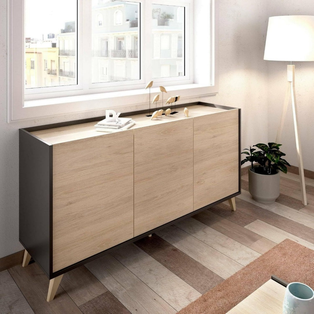 Vaisselier beige en bois, etageres+ 3 portes