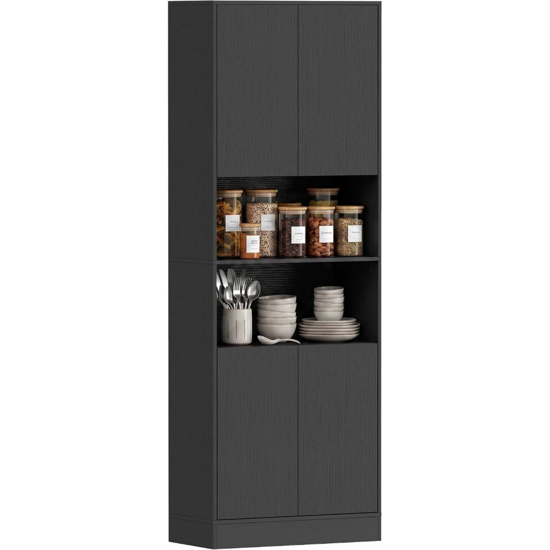 Buffet gris fonce 6 etageres de rangement, bois ingenierie design moderne